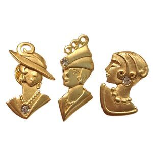 Vintage JJ Jonette Set Of 3 Pins Lady Portraits Gold Tone Rhinestones Marked